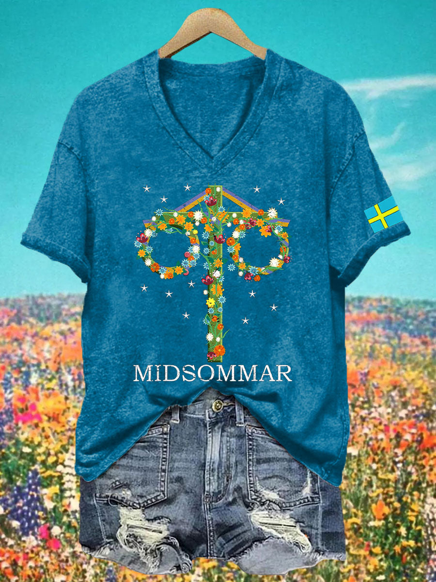 T-shirt à col V imprimé Midsummer Femme