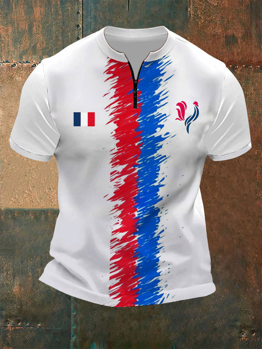 T-shirt à manches courtes avec fermeture à glissière French Flag Design pour homme Blanc / S