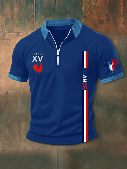 Polo zippé à manches courtes France XV Le Coq Gaulois Homme Bleu / S