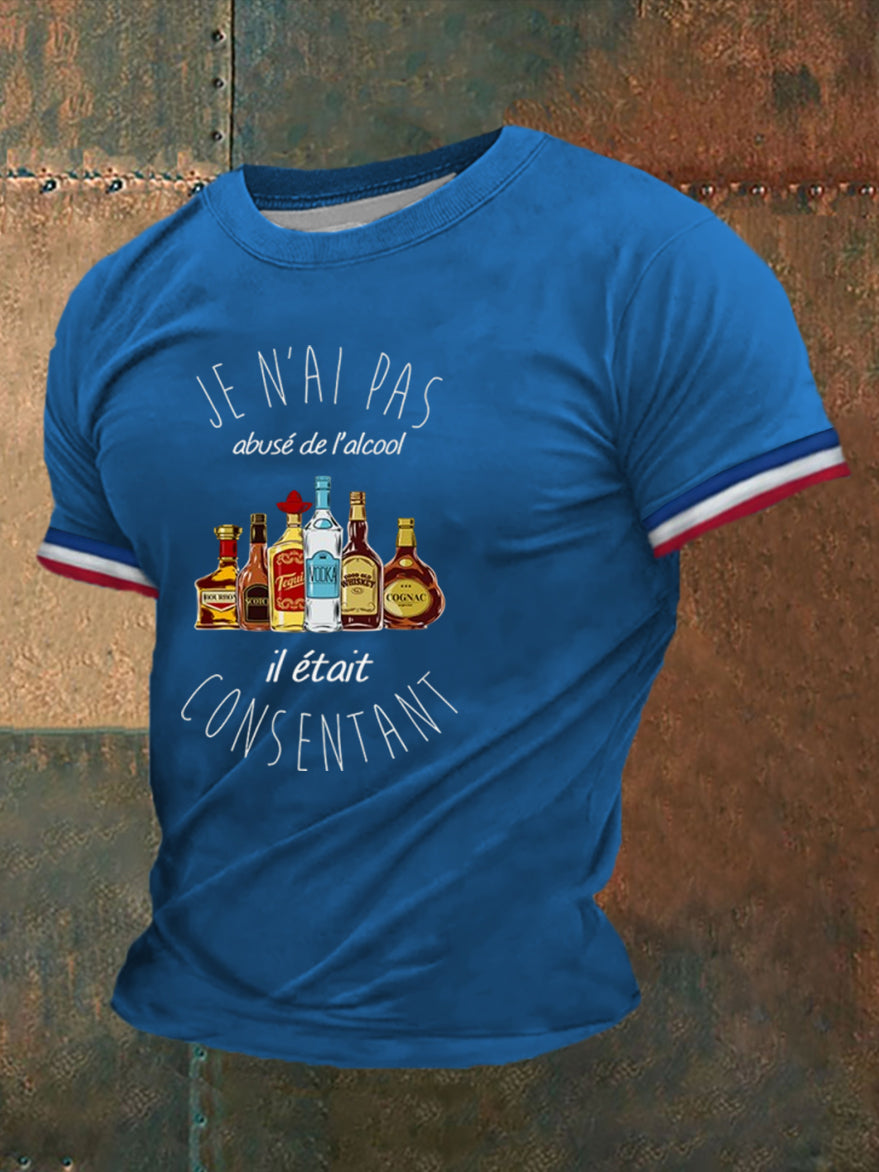 T-shirt à manches courtes imprimé d’ humour sur l’Alcool Homme Bleu / S