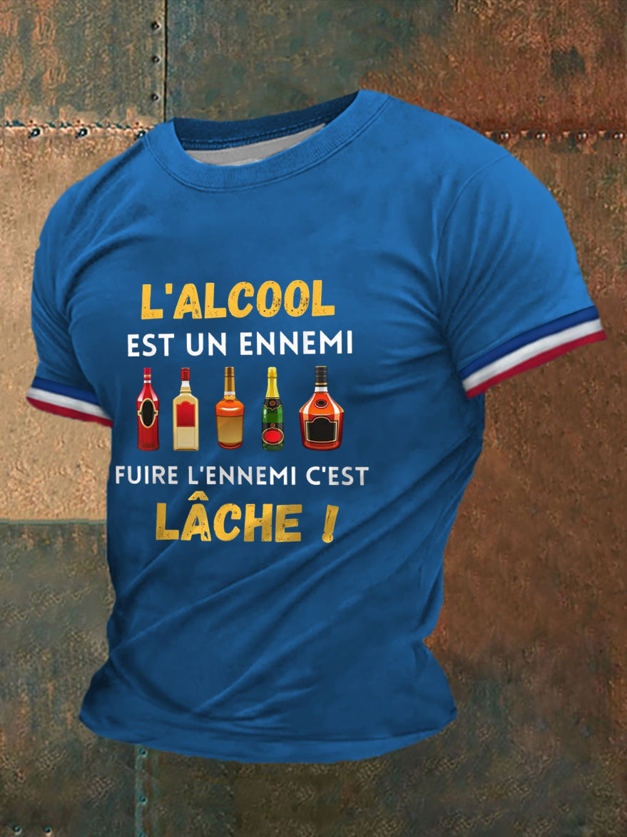 T-shirt à manches courtes imprimé Alcool Biere Vodka Vin Pastis pour homme Bleu / S