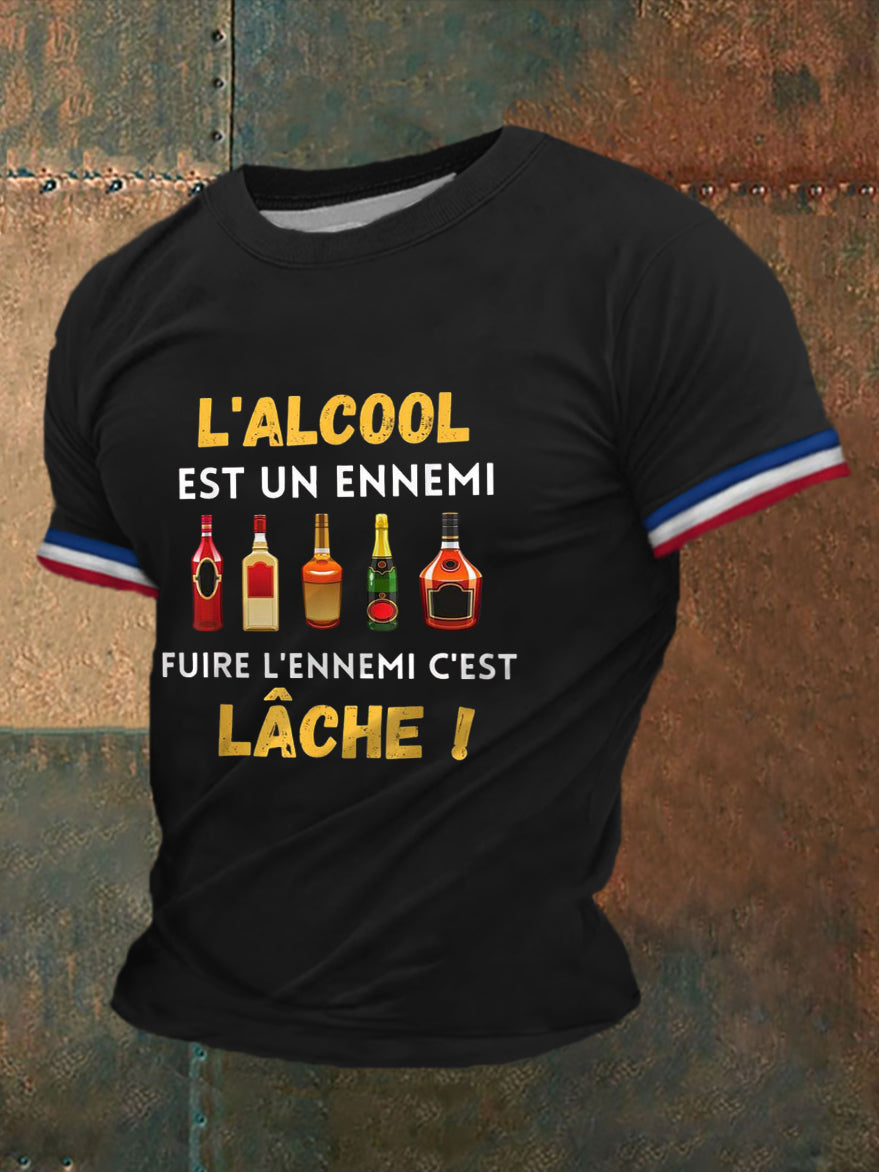 T-shirt à manches courtes imprimé Alcool Biere Vodka Vin Pastis pour homme Noir / S