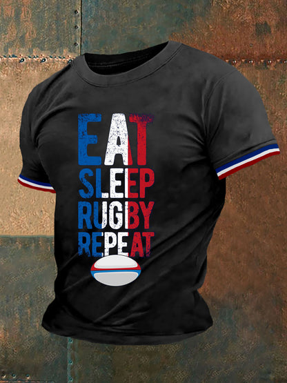 T-shirt manches courtes à répétition de rugby Eat Sleep pour homme Noir / S