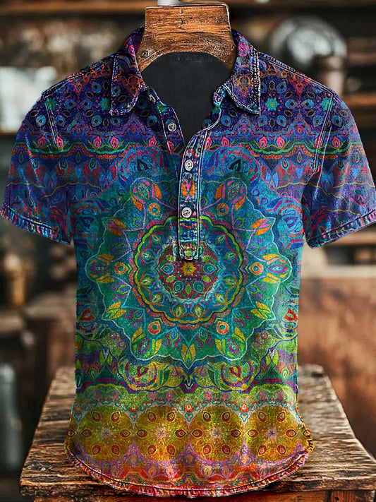 Polo Décontracté à Manches Courtes Dégradé de Couleur Imprimé Mandala