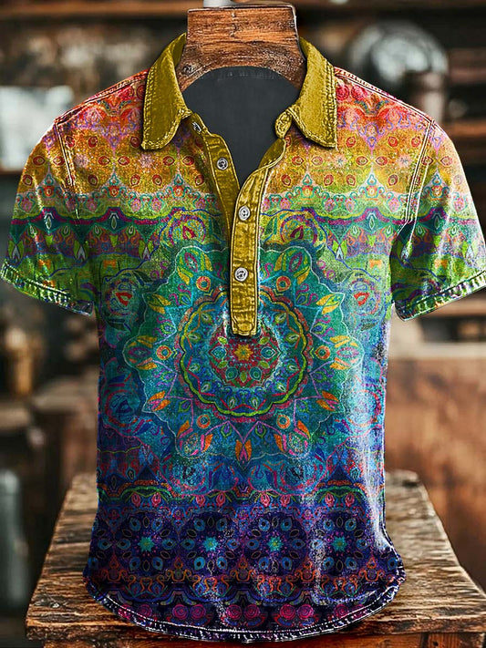 Vintage Art Abstrait Colorful Floral Print Casual Polo