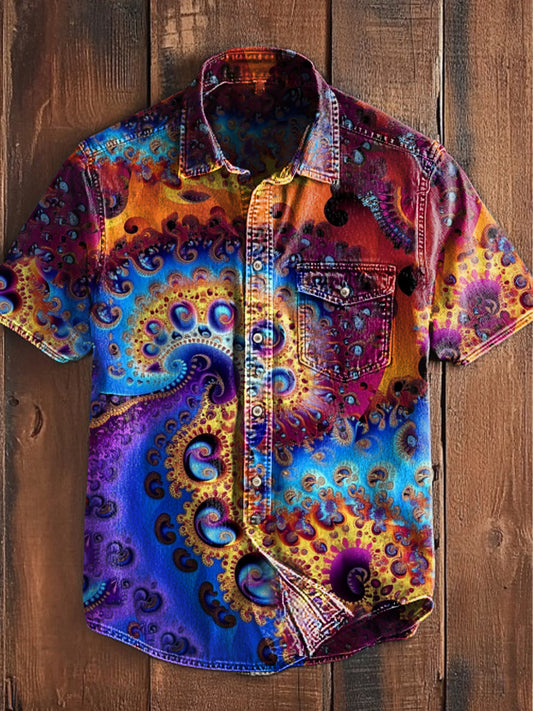 Unisexe Hommes Vintage Western Hippie Coloré Mandala Art Abstrait Imprimé Casual Poche Chemise À Manches Courtes