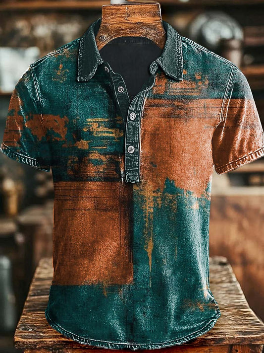 Vintage Art Abstrait Color Block Imprimer Casaul Polo à manches courtes