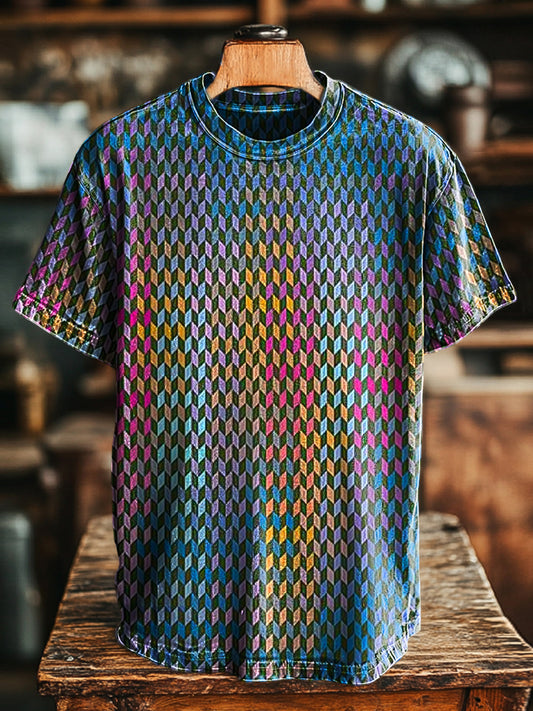 T-shirt décontracté à manches courtes à imprimé géométrique multicolore rétro unisexe