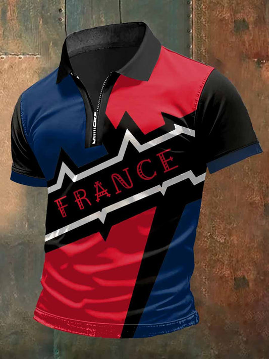 Color Block Stitching Imprimer Zip-Up Polo Neck T-shirt à manches courtes