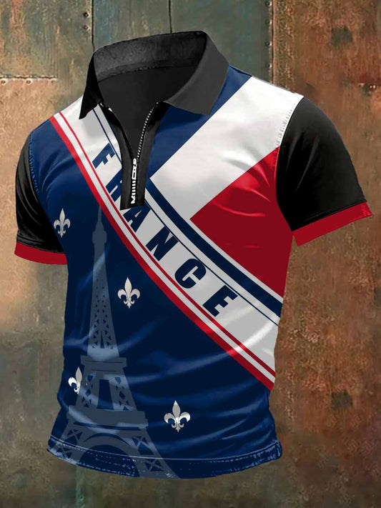 France Tour Eiffel Imprimer Zip-Up Polo T-shirt à manches courtes
