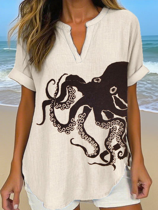 Chemise en lin vintage à imprimé octopus pour femmes