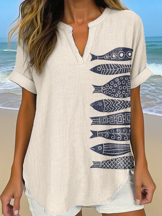 Chemise Femme Vintage Fish Art Imprimé Lin