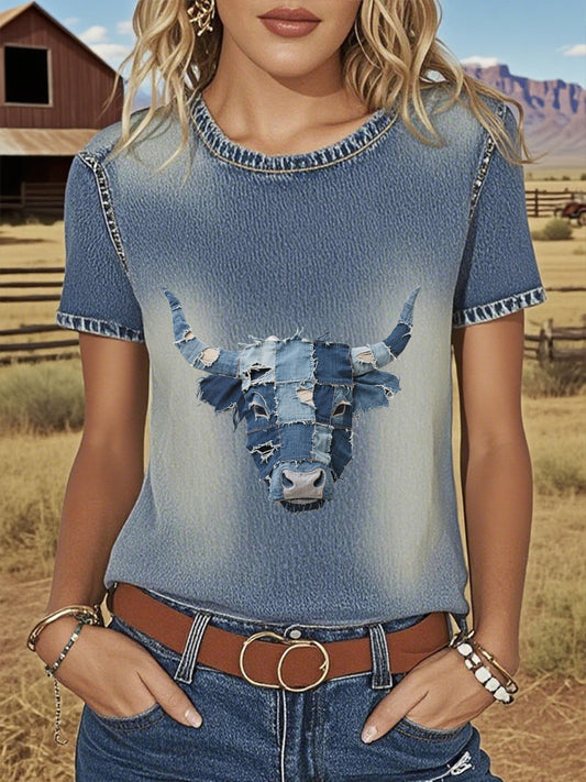 T-shirt en denim Western Highland Cattle Femme