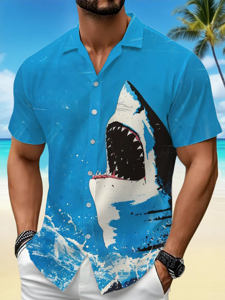 Chemise de vacances à manches courtes à imprimé requin pour hommes