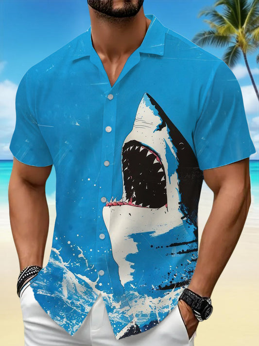 Chemise de vacances à manches courtes à imprimé requin pour hommes