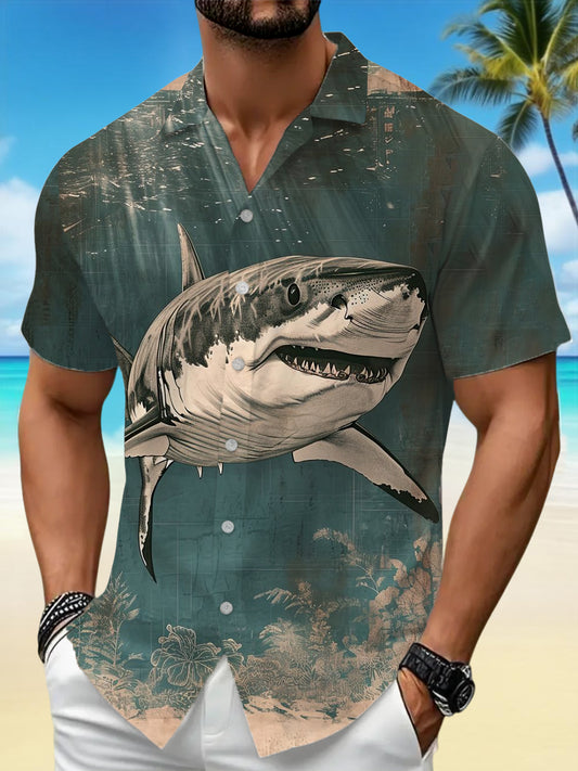 Chemise de vacances à manches courtes à imprimé requin vintage pour hommes