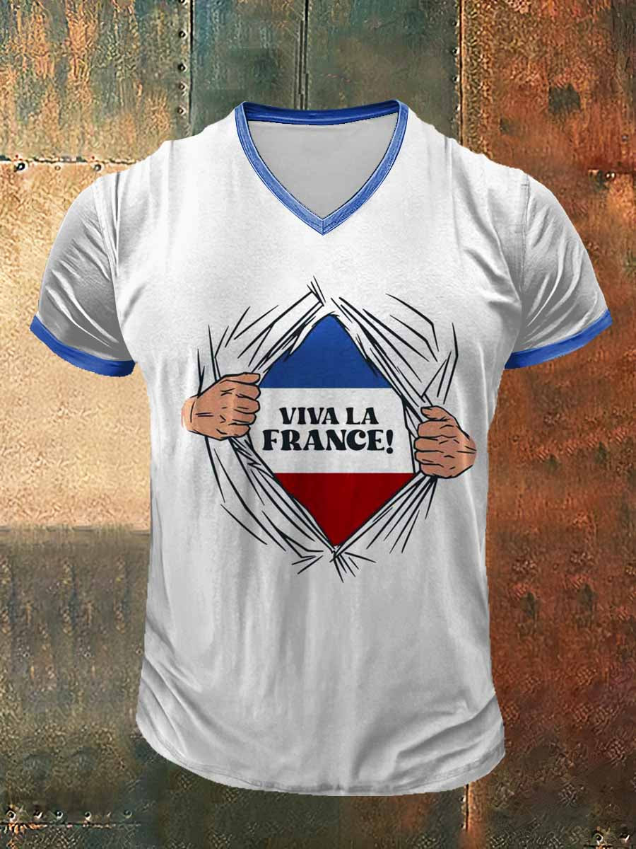 Viva La France Imprimé Vintage Mode à manches courtes T-shirt col V