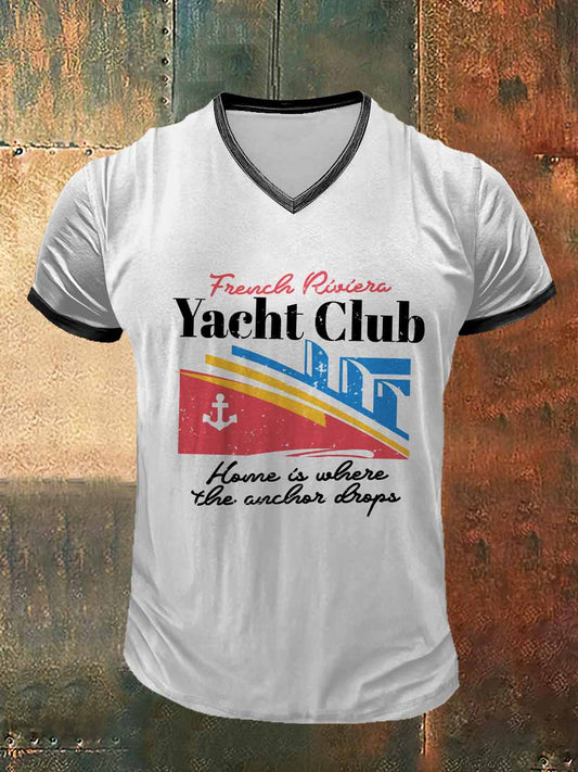 T-shirt col en V imprimé à manches courtes Yacht Club Vintage Fashion