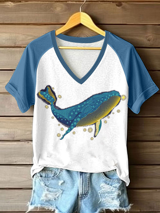 Tee-shirt Femme Imprimé Baleine de Mer Col V