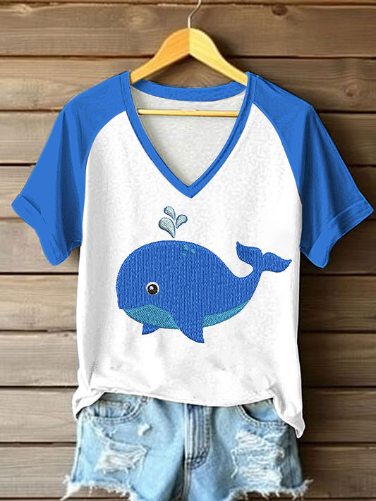 Tee-shirt Femme Imprimé Baleine de Mer Col V