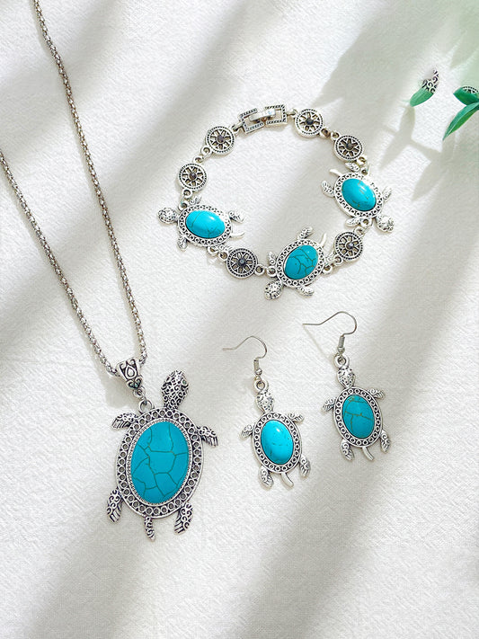 Femmes Turquoise Tortue Boucles d'oreilles Bracelet Collier Trois pièces Ensemble