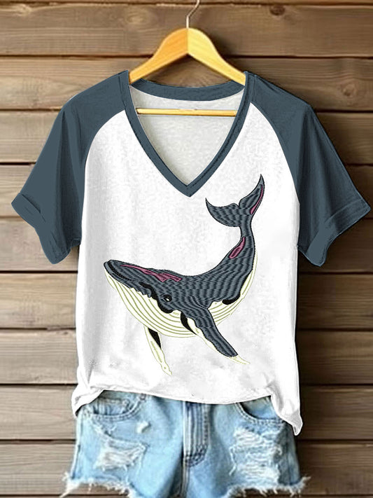 Tee-shirt Femme Imprimé Baleine de Mer Col V