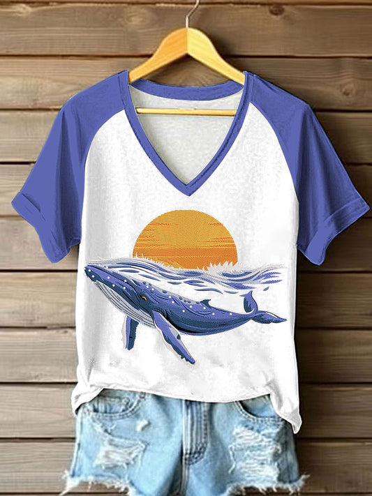T-shirt Femme Sea Whale Imprimé à Col V