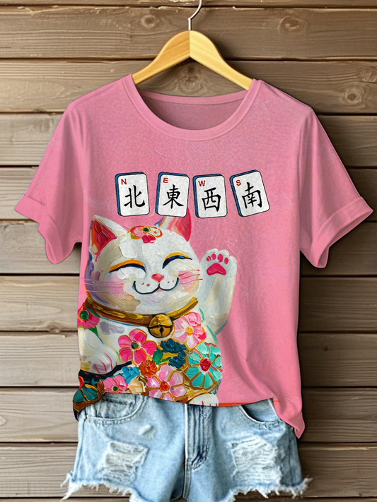 T-shirts décontractés Lucky Cat Mahjong pour femmes