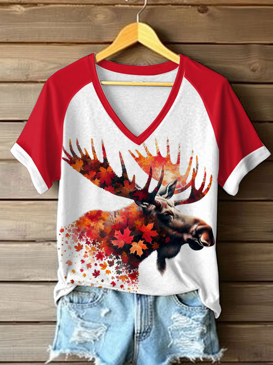 T-shirt à col en V à imprimé naturel pour femmes