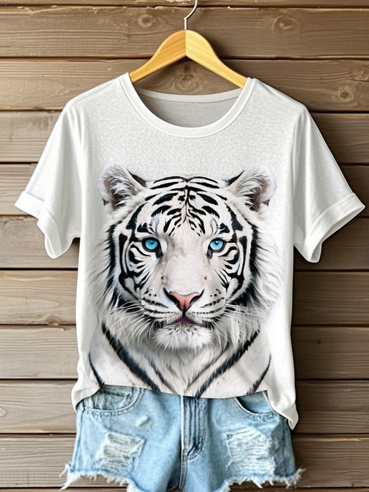 T-shirts décontractés imprimés fun visage de tigre blanc pour femmes