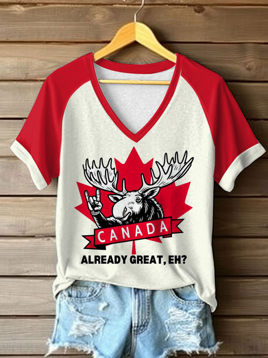 Women's Canada déjà génial, hein? T-shirt Décontracté Imprimé Orignal à Col V