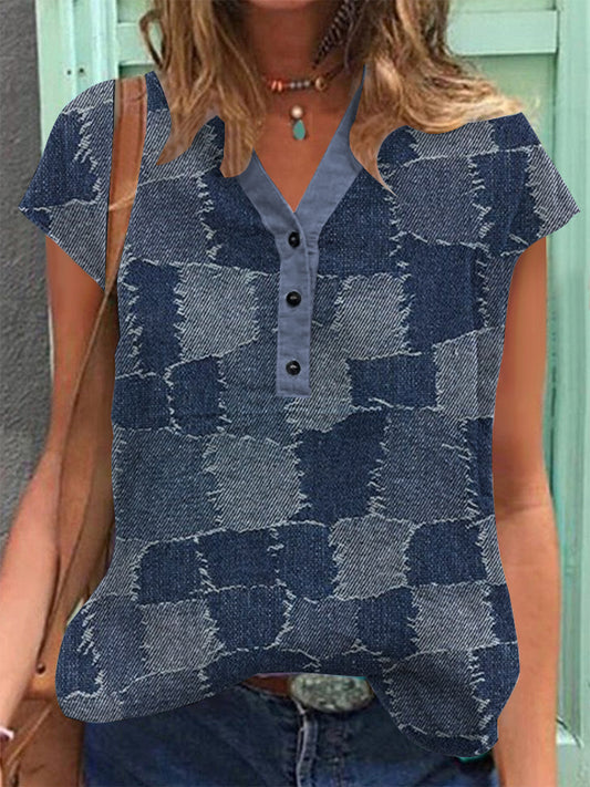 Vintage Denim Patch Coton Lin Casual Chemise à manches courtes pour femmes