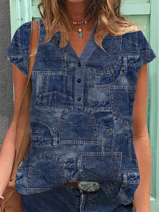 Vintage Denim Patch Coton Lin Casual Chemise à manches courtes pour femmes