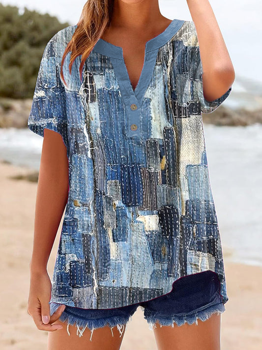 Vintage Denim Patch Coton Lin Casual Chemise à manches courtes pour femmes