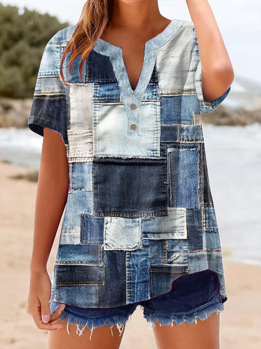 Vintage Denim Patch Coton Lin Casual Chemise à manches courtes pour femmes