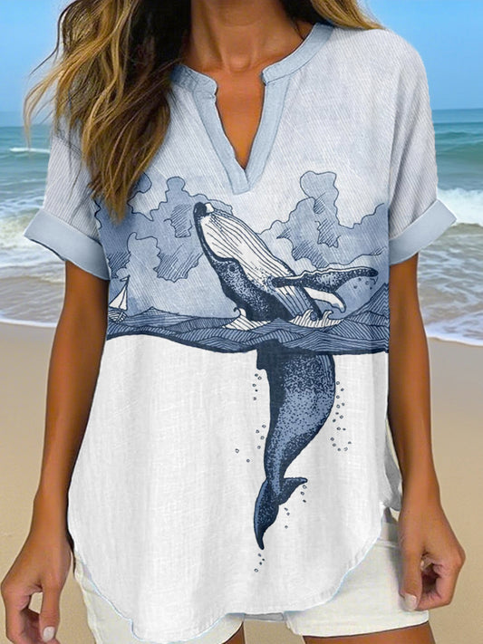 Chemise en lin Whale Art Print Femme
