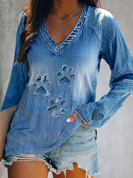 T-shirt à manches longues Denim Paw Femme