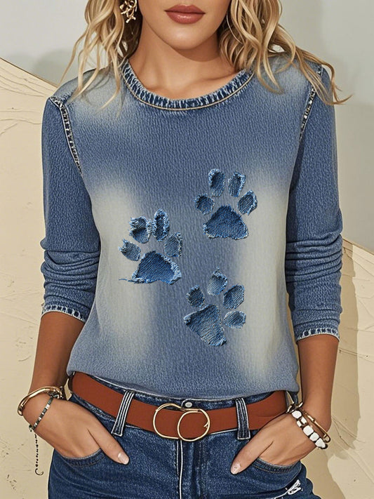 T-shirt manches trois-quarts patte denim femme