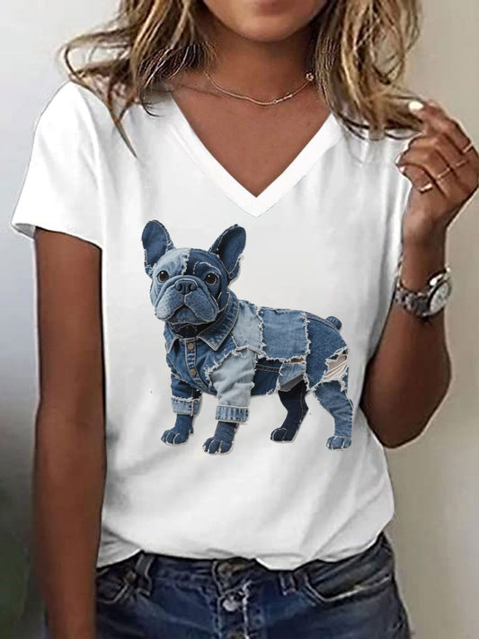 Bulldog Pattern Patchwork Art V-Neck T-Shirt Femme