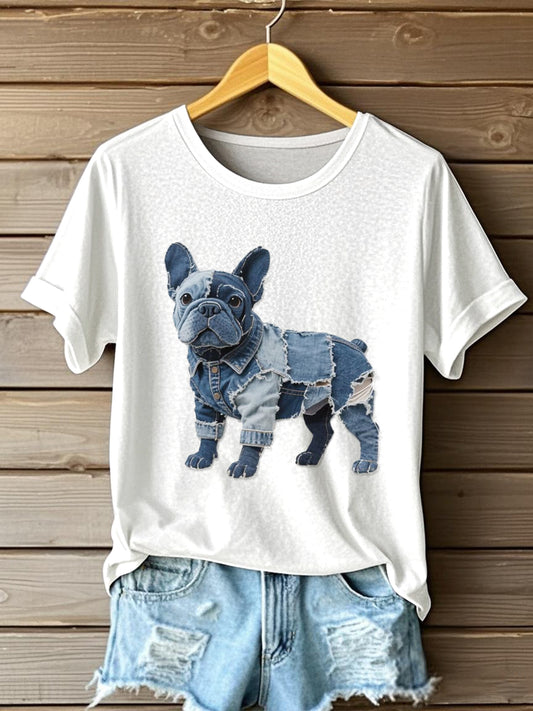 T-shirt à manches courtes Bulldog Patchwork Art Femme