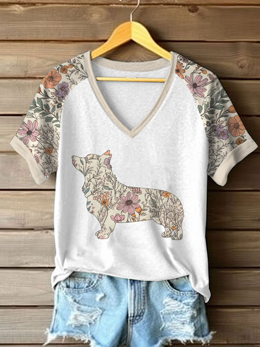 Femmes Wildflowers Corgi Imprimé T-shirt décontracté