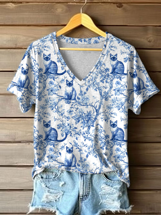 T-shirt décontracté à imprimé chat siamois pour femmes