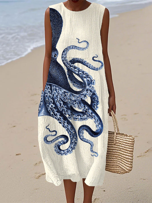 Robe en lin vintage à imprimé art pieuvre pour femme