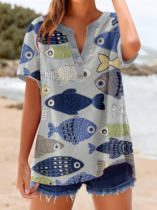 Chemise Femme Vintage Poisson Imprimé Lin