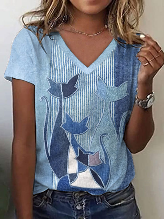 T-shirt mignon chat patchwork art v-cou des femmes