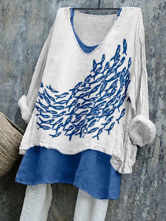 Chemise Femme Vintage Poisson Imprimé Lin