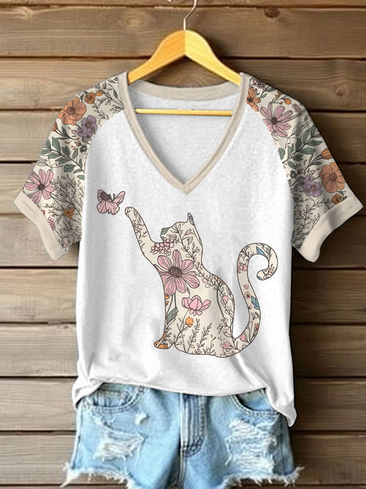 T-shirt décontracté imprimé chat fleurs sauvages pour femmes