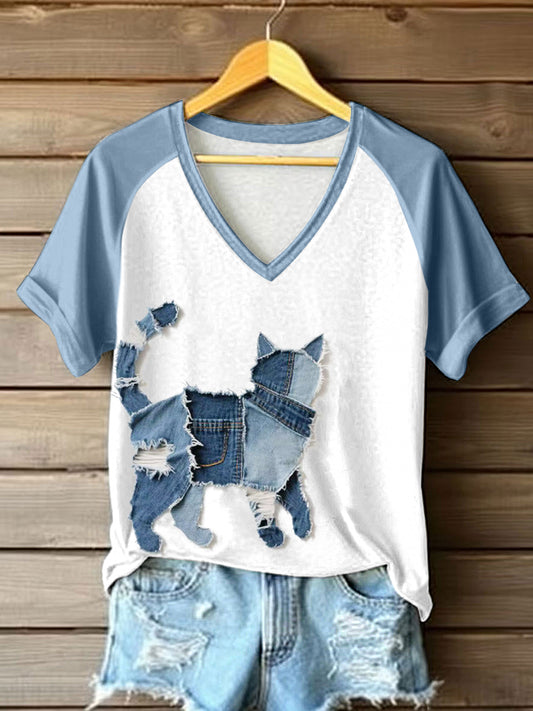 T-shirt mignon chat patchwork art v-cou des femmes