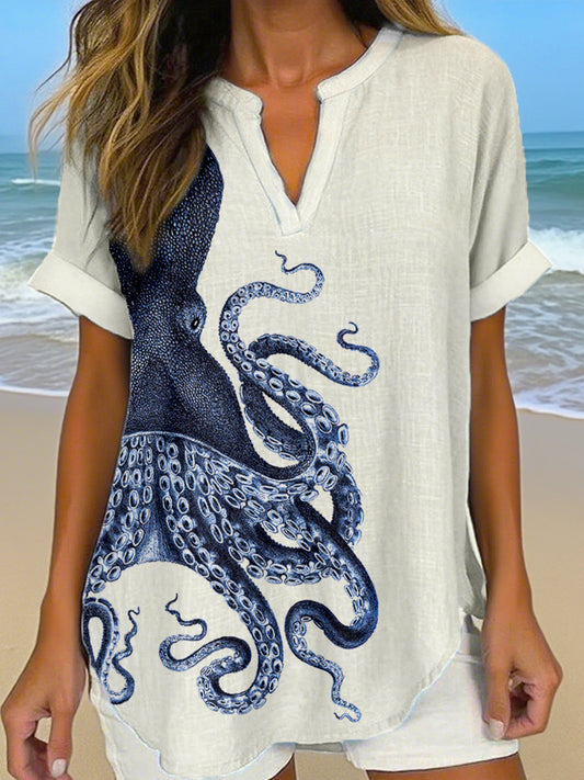 Chemise en lin Octopus Art Print Femme