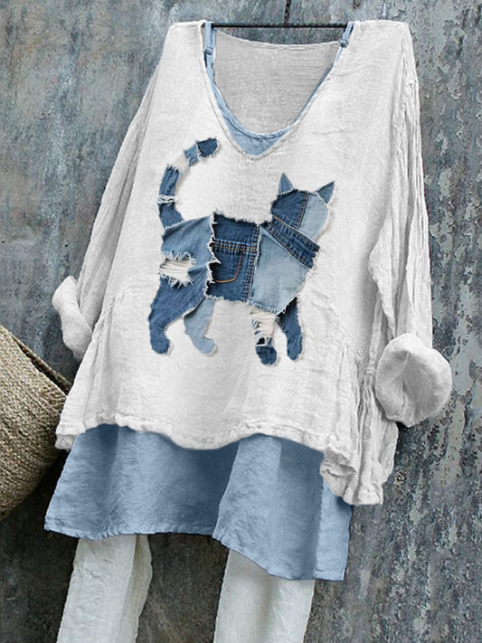 Chemise en lin mignon chat patchwork art femmes